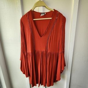 Earthbound Red Orange Tunic Top Mini Dress Boho Flared Sleeve Lace Hippie Boho S